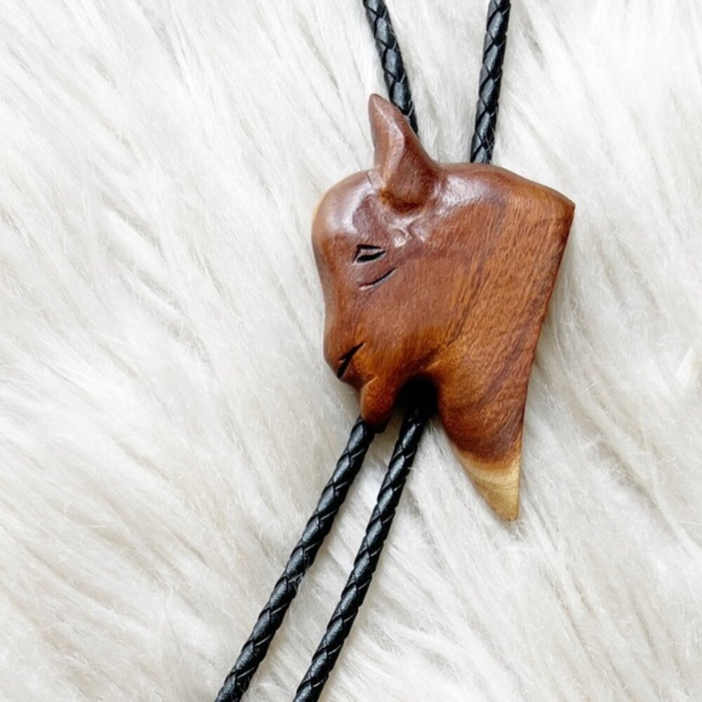 VINTAGE Bison Wood & Leather Handcarved Bolo Tie Buffalo